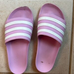 Adidas Women's Pink and White Slide Sandals